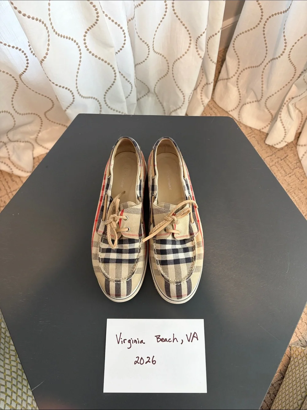 Burberry Beige/Navy/Tan Plaid Boat Shoes